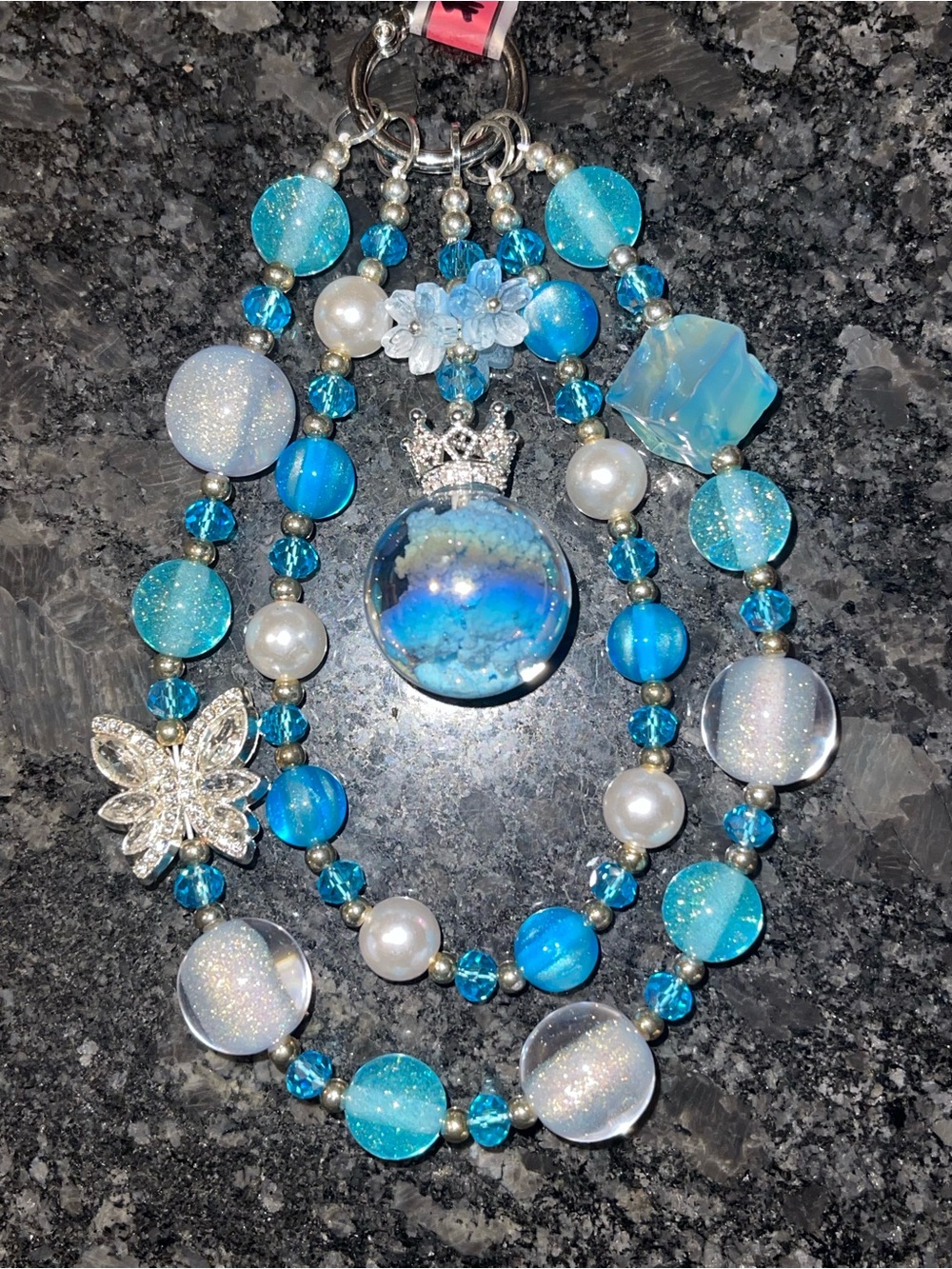 HANDCRAFTED Sparkling Ice & Crown Beaded Bag Charm Keychain